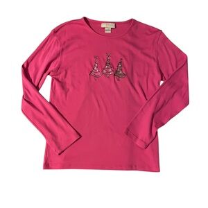 M&C Sportswear‎ Pink Christmas Tree Long Sleeve Top Holiday Tee | Women’s L